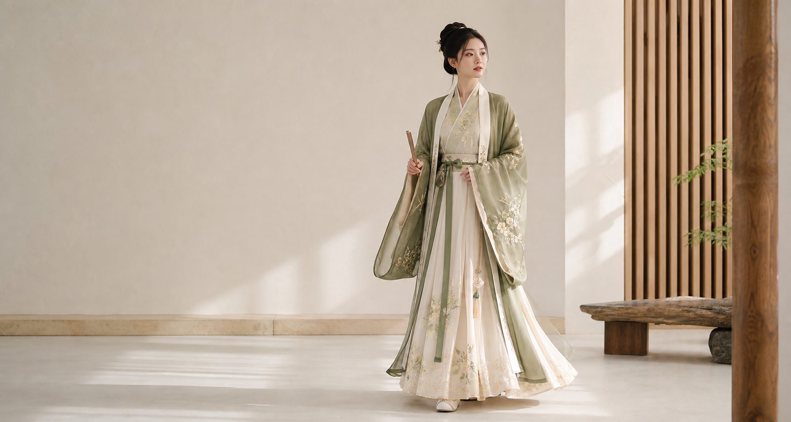 Model wearing an elegant modern Hanfu set in a clean studio