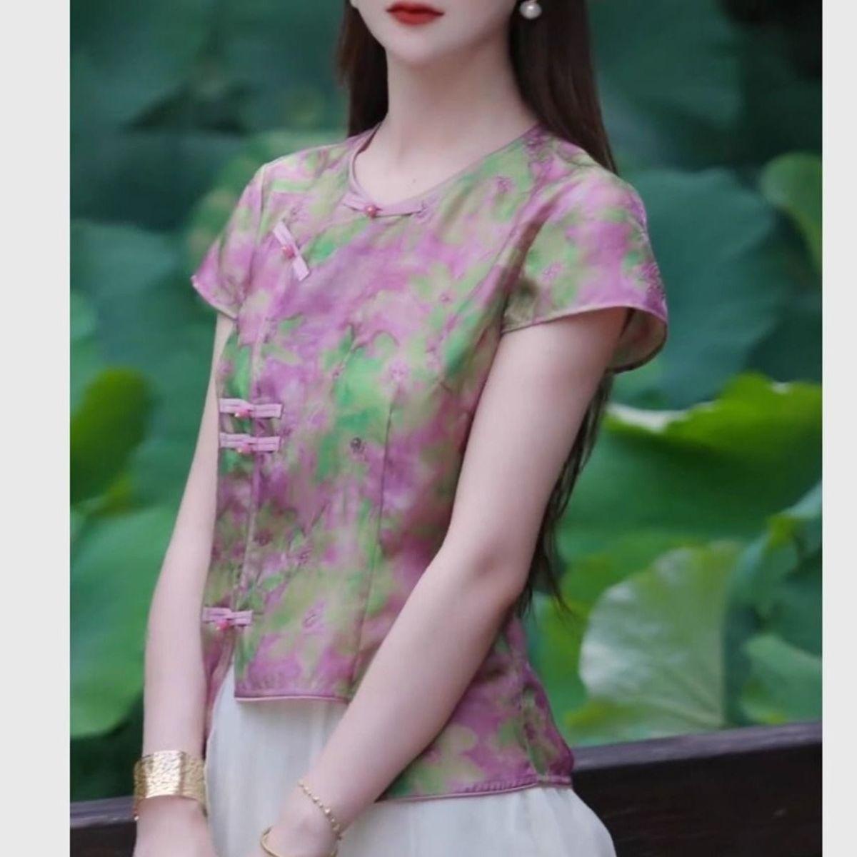 Neo Chinese Knot Buttons Short Sleeve Hanfu Dress Set for Women product photo - Zhongguo Hanfu