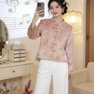 Neo Chinese Knot Button Jacquard Chinese Style Blouse for Women alternate product photo