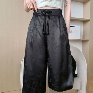 Neo Chinese Knot Button Jacquard Wide Leg Pants for Women - Style 2 alternate product photo