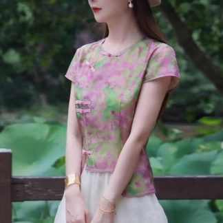 Neo Chinese Knot Button Short Sleeve Hanfu Dress Set for Women alternate product photo