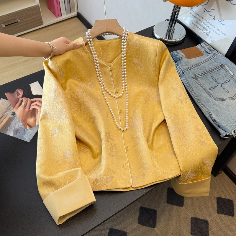 Neo Chinese Knot Buttons Jacquard Chinese Style Top Blouse for Women product photo - Zhongguo Hanfu