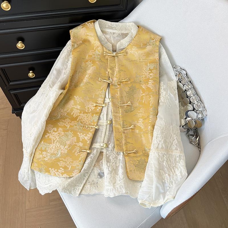 Neo Chinese Knot Buttons Jacquard Chinese Style Top Blouse for Women product photo - Zhongguo Hanfu
