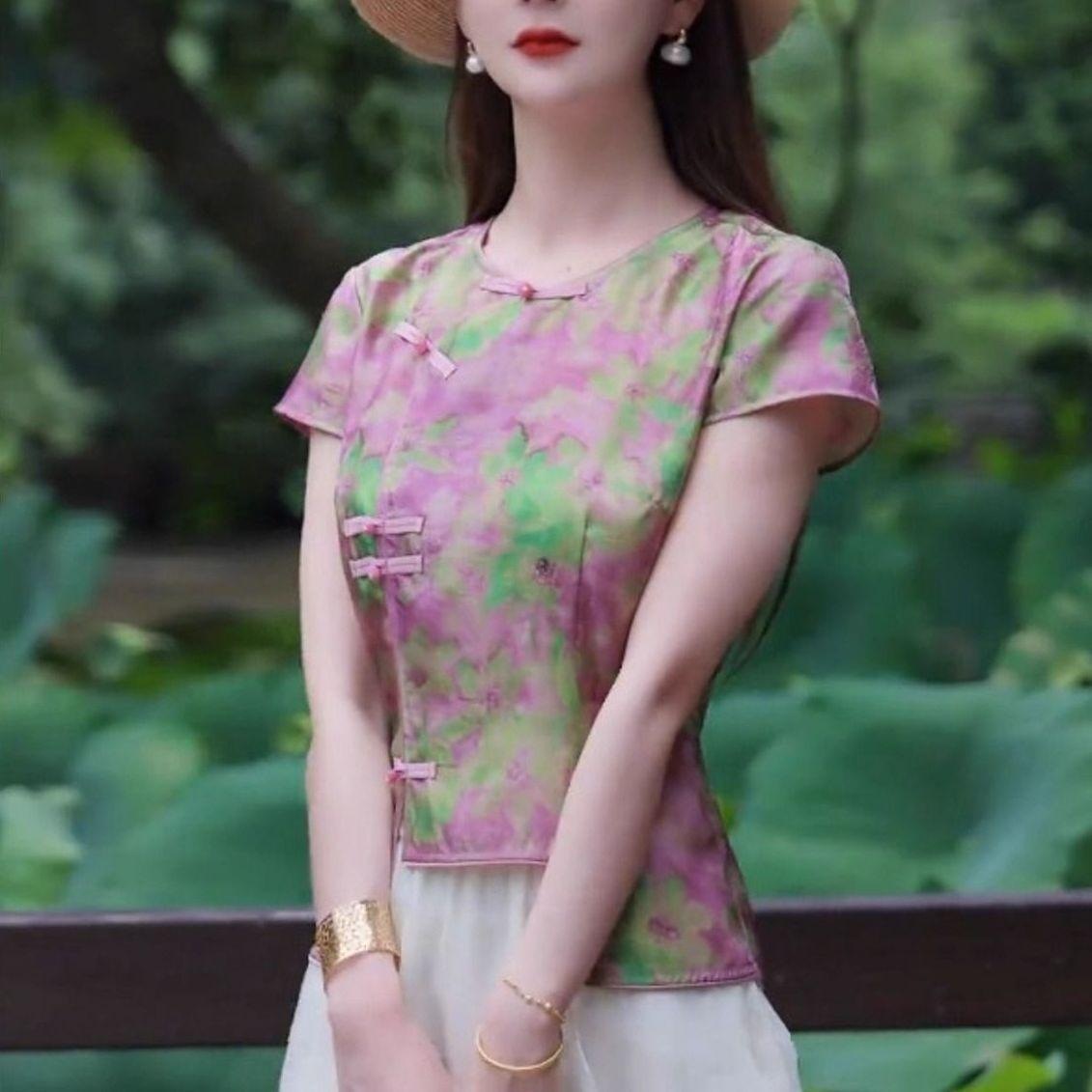 Neo Chinese Knot Buttons Short Sleeve Hanfu Dress Set for Women product photo - Zhongguo Hanfu