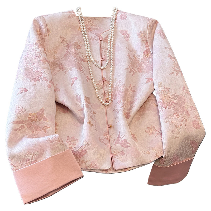 Neo Chinese Knot Buttons Jacquard Chinese Style Top Blouse for Women product photo - Zhongguo Hanfu