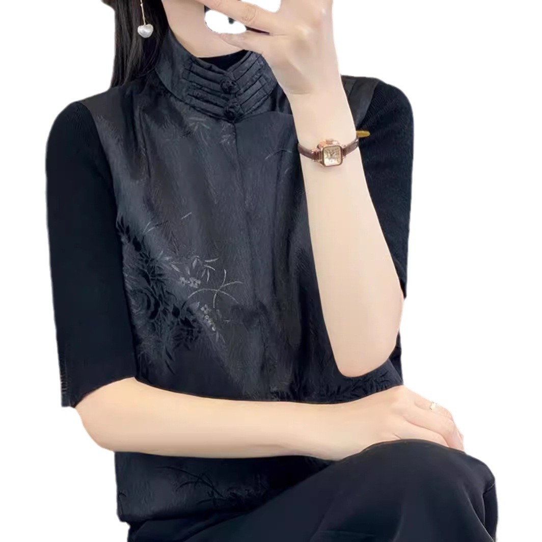 Neo Chinese Knot Buttons Jacquard Chinese Style Top Blouse for Women product photo - Zhongguo Hanfu